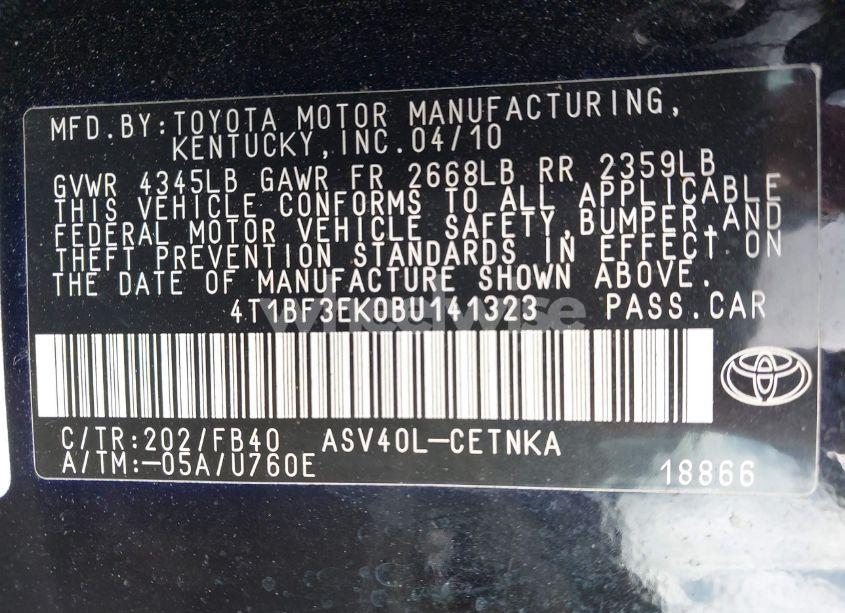 Photo 9 of 2011 Toyota Camry LE (VIN 4T1BF3EK0BU141323)