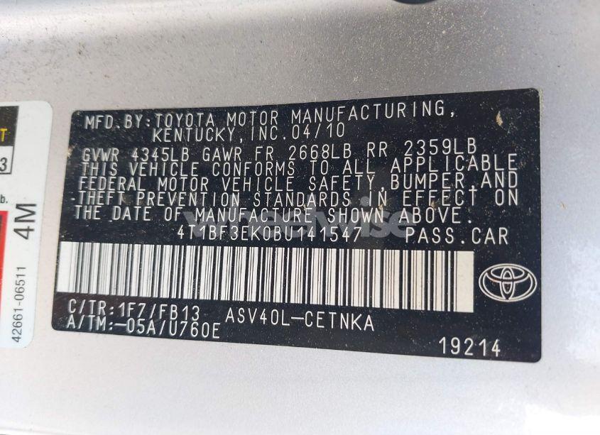 Photo 9 of 2011 Toyota Camry LE (VIN 4T1BF3EK0BU141547)