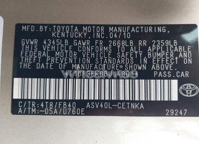 Photo 9 of 2011 Toyota Camry LE (VIN 4T1BF3EK0BU148014)