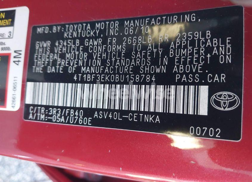 Photo 9 of 2011 Toyota Camry LE (VIN 4T1BF3EK0BU158784)