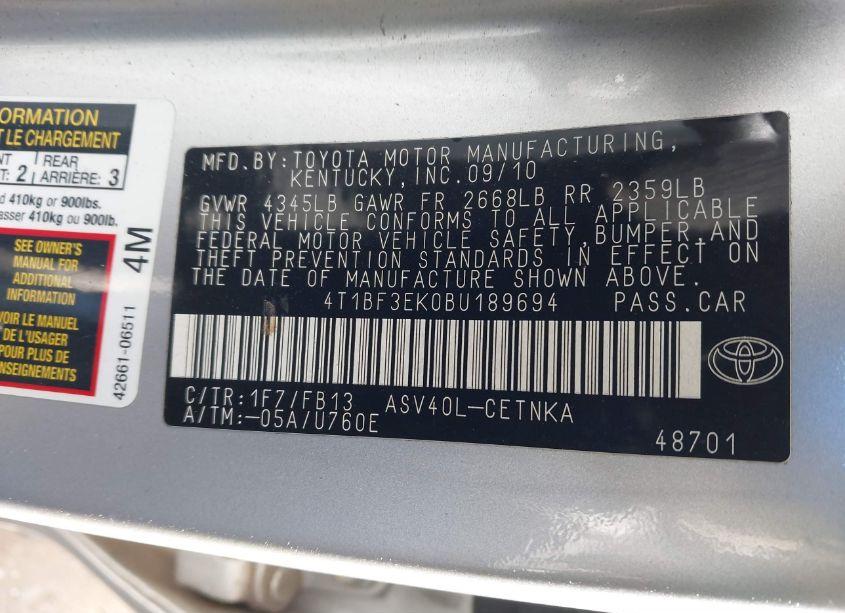 Photo 9 of 2011 Toyota Camry LE (VIN 4T1BF3EK0BU189694)