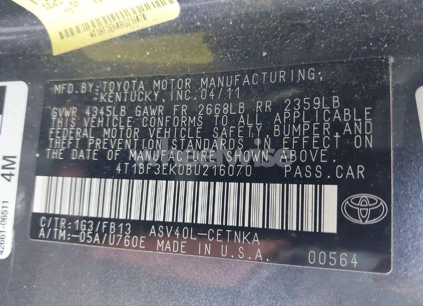 Photo 9 of 2011 Toyota Camry LE (VIN 4T1BF3EK0BU216070)