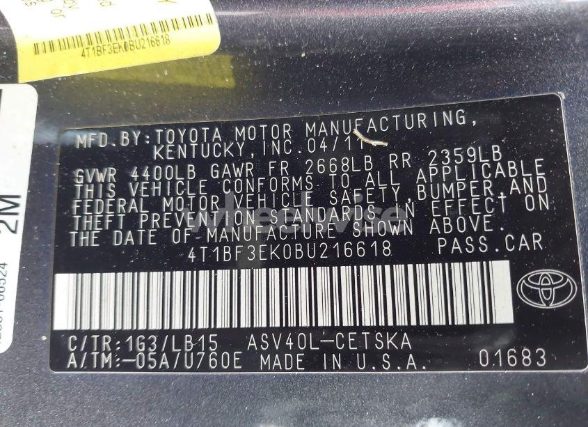 Photo 9 of 2011 Toyota Camry SE (VIN 4T1BF3EK0BU216618)