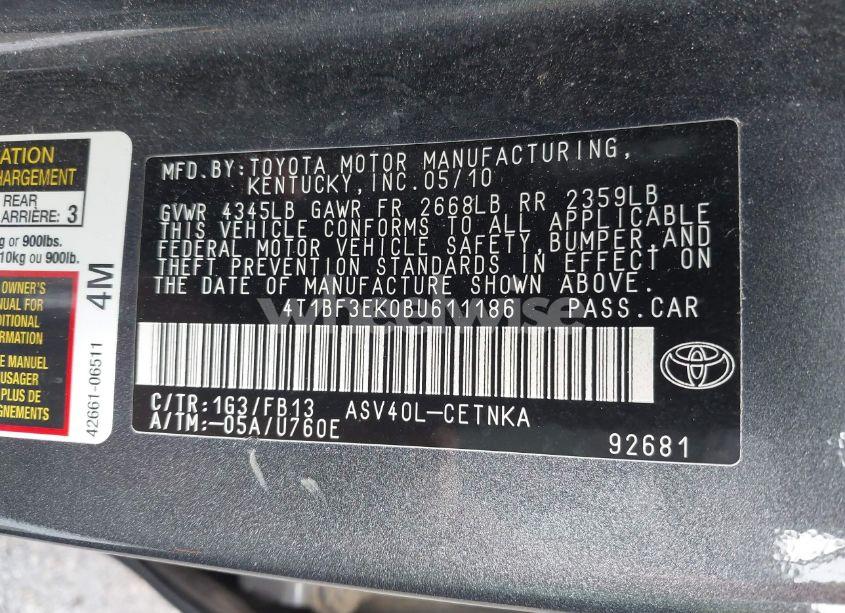 Photo 9 of 2011 Toyota Camry LE (VIN 4T1BF3EK0BU611186)