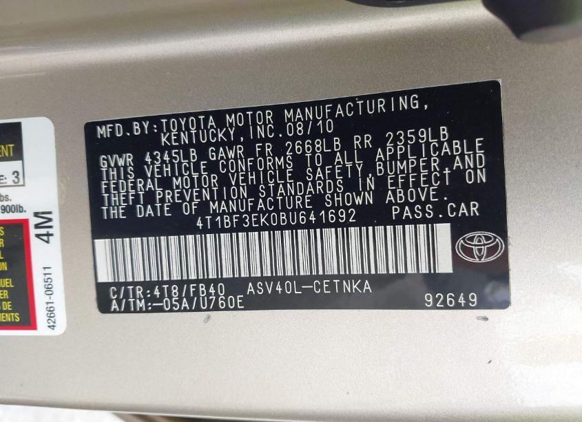 Photo 9 of 2011 Toyota Camry LE (VIN 4T1BF3EK0BU641692)