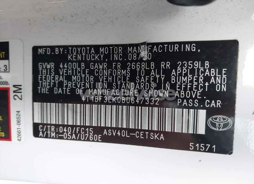 Photo 9 of 2011 Toyota Camry SE (VIN 4T1BF3EK0BU647332)