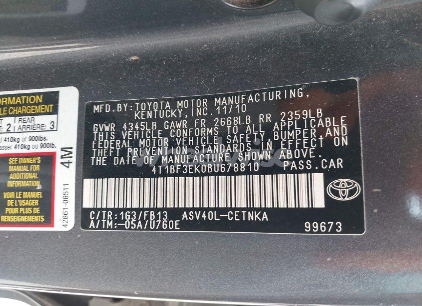 Photo 9 of 2011 Toyota Camry LE (VIN 4T1BF3EK0BU678810)