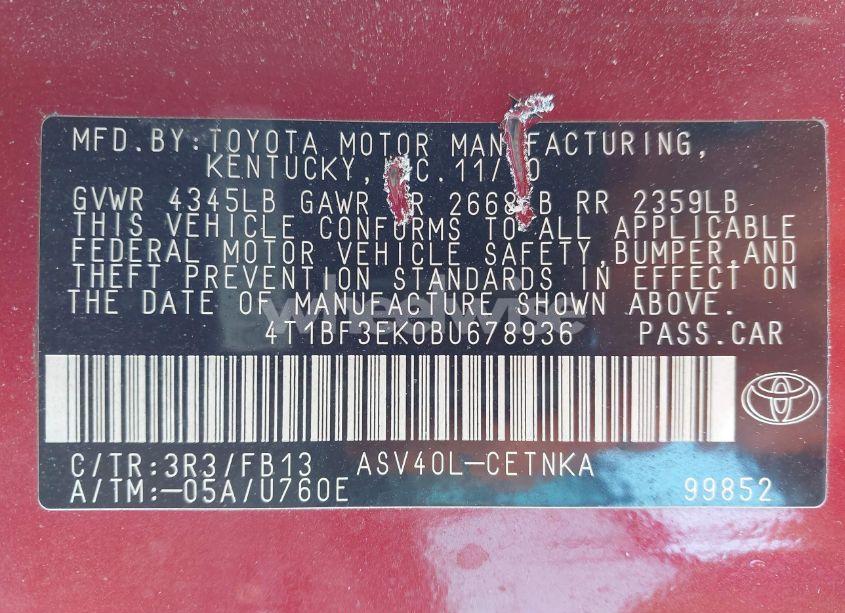 Photo 9 of 2011 Toyota Camry LE (VIN 4T1BF3EK0BU678936)