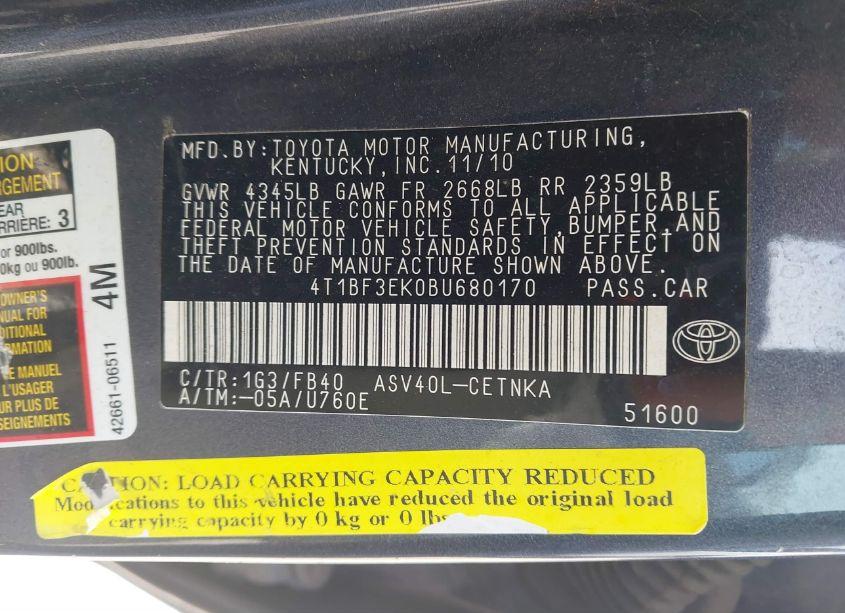 Photo 9 of 2011 Toyota Camry LE (VIN 4T1BF3EK0BU680170)