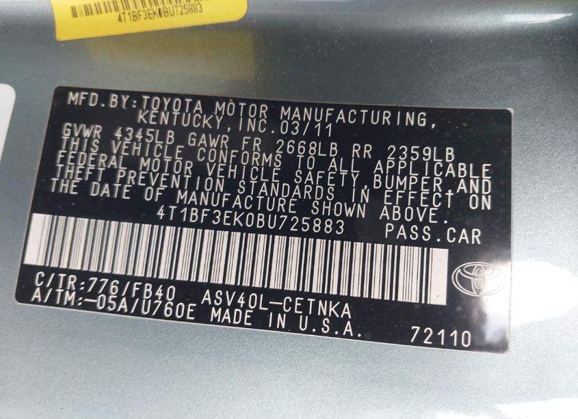 Photo 9 of 2011 Toyota Camry LE (VIN 4T1BF3EK0BU725883)