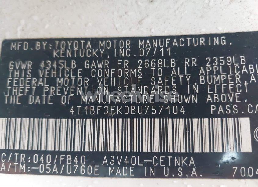 Photo 9 of 2011 Toyota Camry (VIN 4T1BF3EK0BU757104)