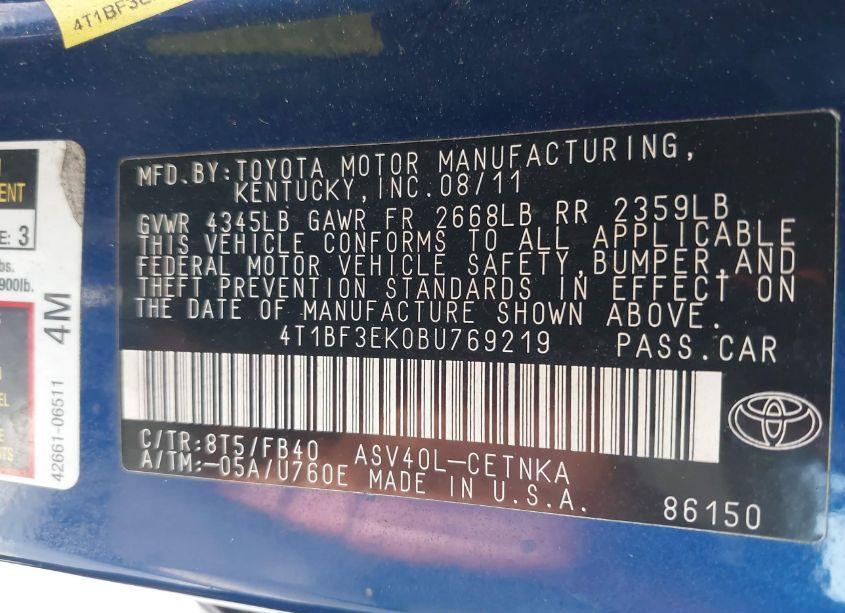 Photo 9 of 2011 Toyota Camry LE (VIN 4T1BF3EK0BU769219)