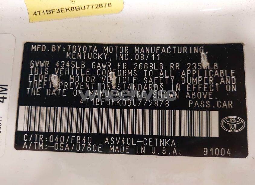 Photo 9 of 2011 Toyota Camry LE (VIN 4T1BF3EK0BU772878)