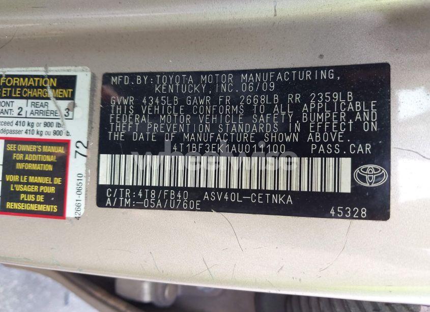 Photo 9 of 2010 Toyota Camry LE (VIN 4T1BF3EK1AU011100)