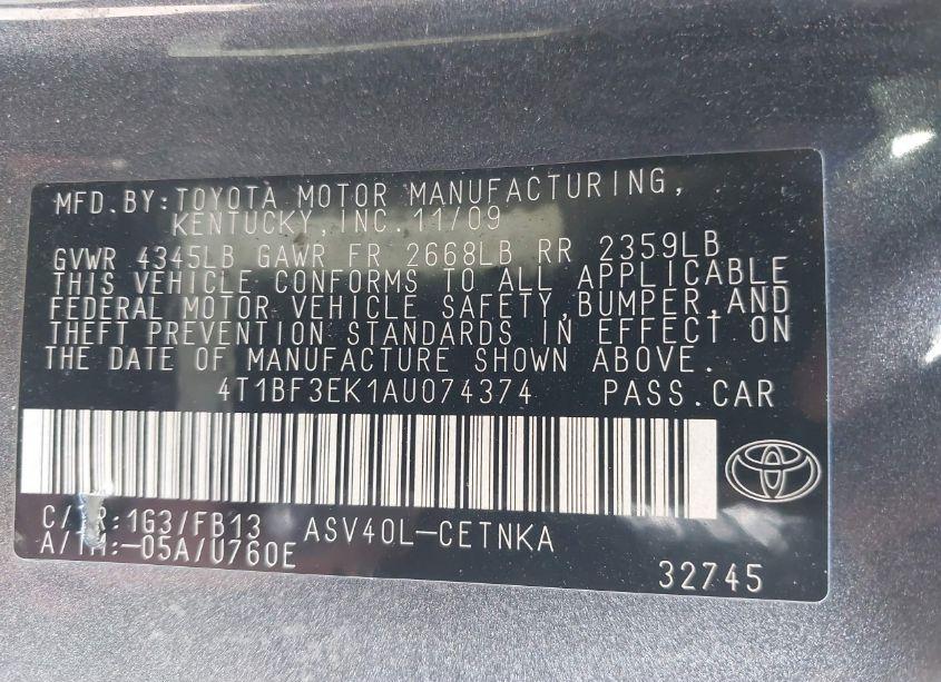 Photo 9 of 2010 Toyota Camry LE (VIN 4T1BF3EK1AU074374)