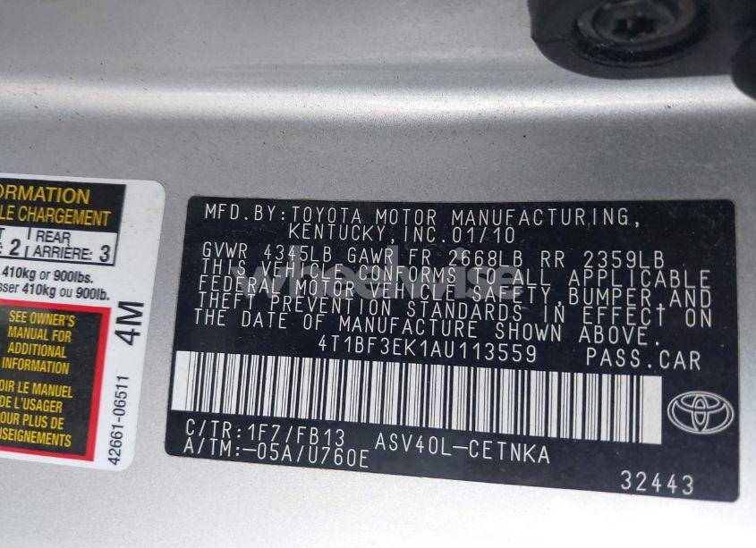 Photo 9 of 2010 Toyota Camry LE (VIN 4T1BF3EK1AU113559)