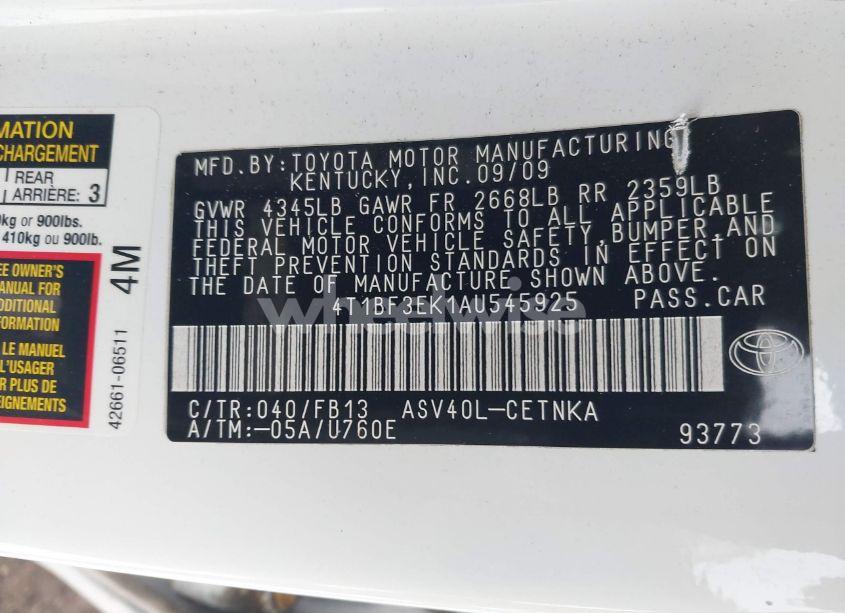 Photo 9 of 2010 Toyota Camry LE (VIN 4T1BF3EK1AU545925)