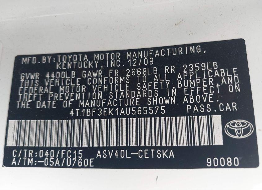 Photo 9 of 2010 Toyota Camry SE (VIN 4T1BF3EK1AU565575)