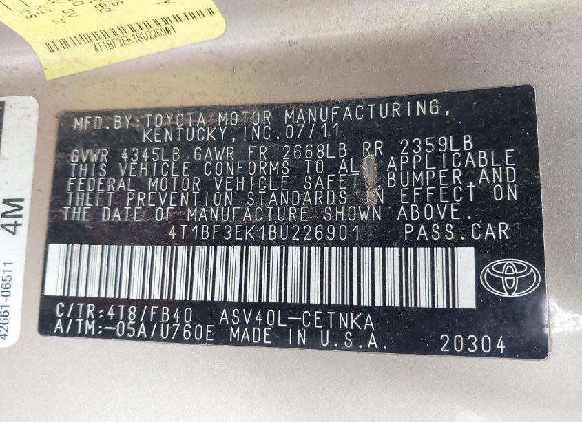 Photo 9 of 2011 Toyota Camry LE (VIN 4T1BF3EK1BU226901)