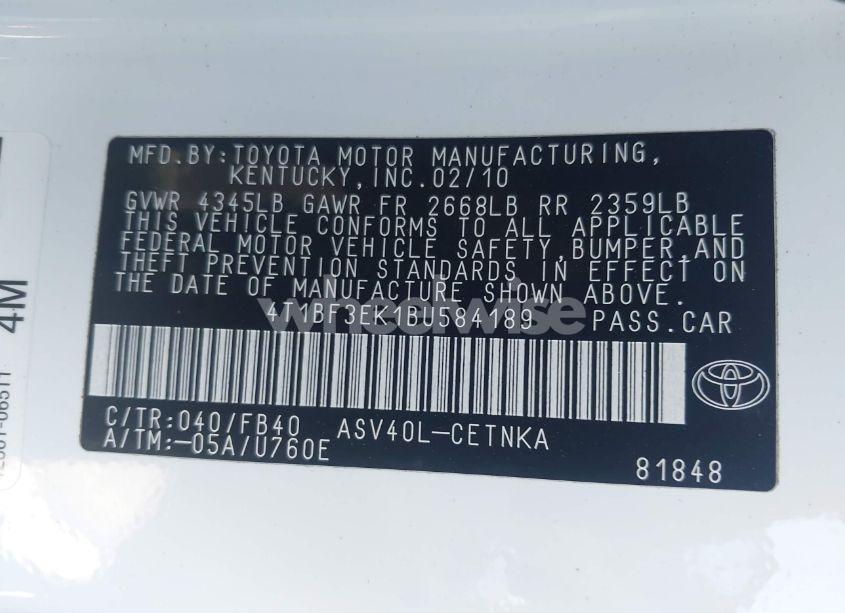 Photo 9 of 2011 Toyota Camry LE (VIN 4T1BF3EK1BU584189)