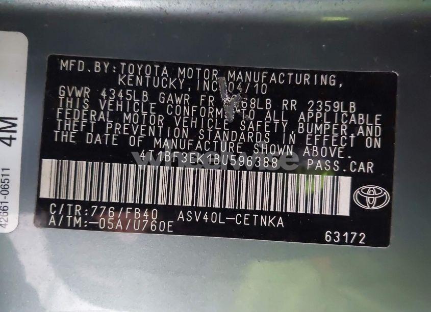 Photo 9 of 2011 Toyota Camry LE (VIN 4T1BF3EK1BU596388)