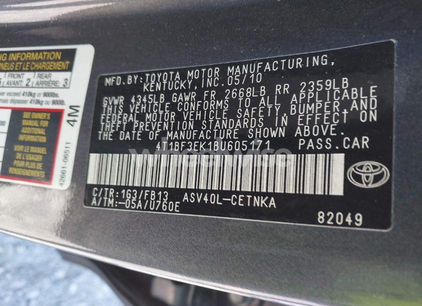 Photo 9 of 2011 Toyota Camry LE (VIN 4T1BF3EK1BU605171)