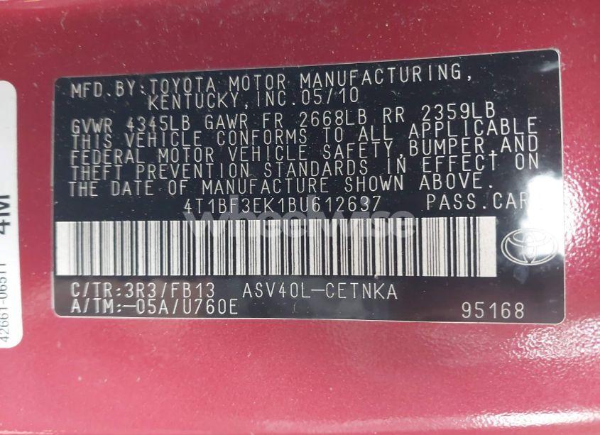 Photo 9 of 2011 Toyota Camry LE (VIN 4T1BF3EK1BU612637)