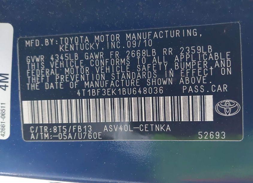 Photo 9 of 2011 Toyota Camry SE/LE/XLE (VIN 4T1BF3EK1BU648036)