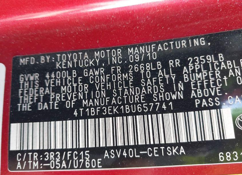 Photo 9 of 2011 Toyota Camry SE (VIN 4T1BF3EK1BU657741)