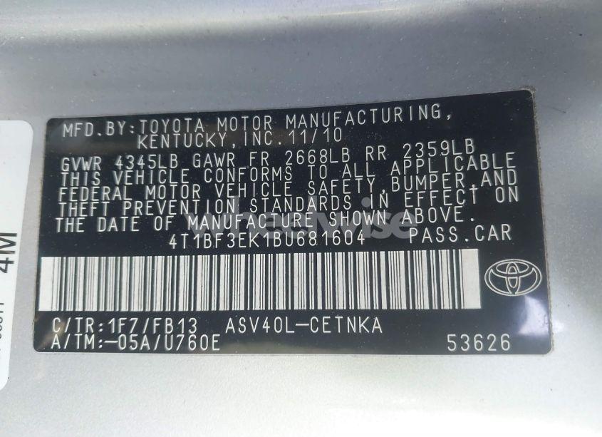 Photo 9 of 2011 Toyota Camry LE (VIN 4T1BF3EK1BU681604)