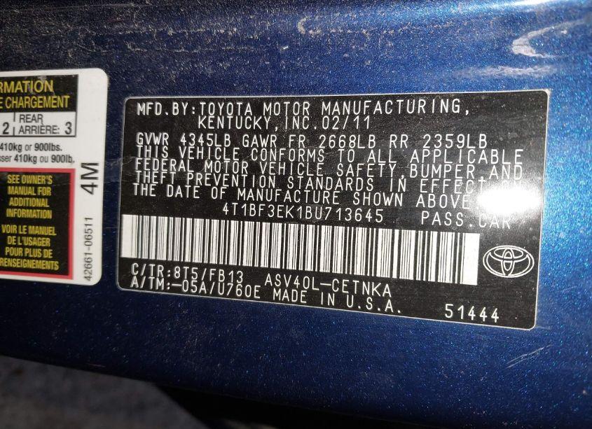 Photo 9 of 2011 Toyota Camry LE (VIN 4T1BF3EK1BU713645)