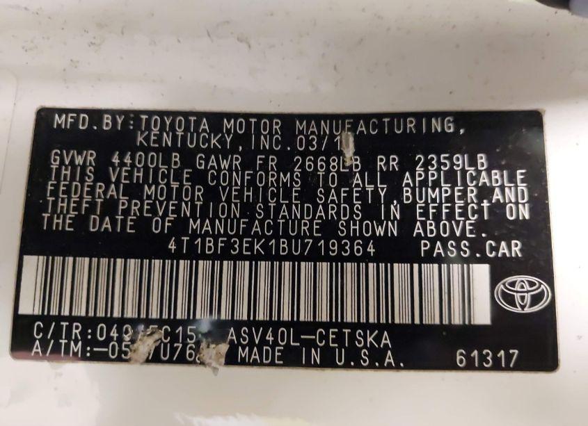 Photo 9 of 2011 Toyota Camry SE (VIN 4T1BF3EK1BU719364)