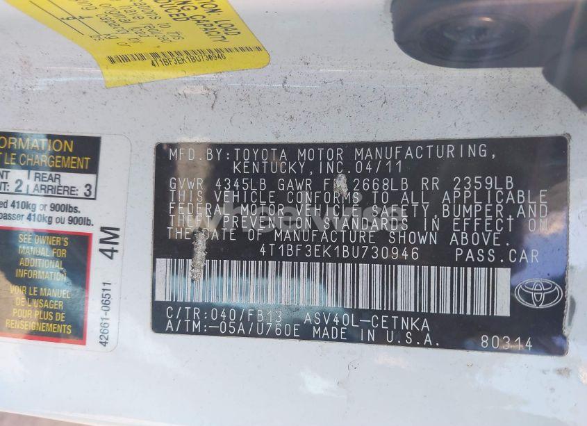 Photo 9 of 2011 Toyota Camry LE (VIN 4T1BF3EK1BU730946)