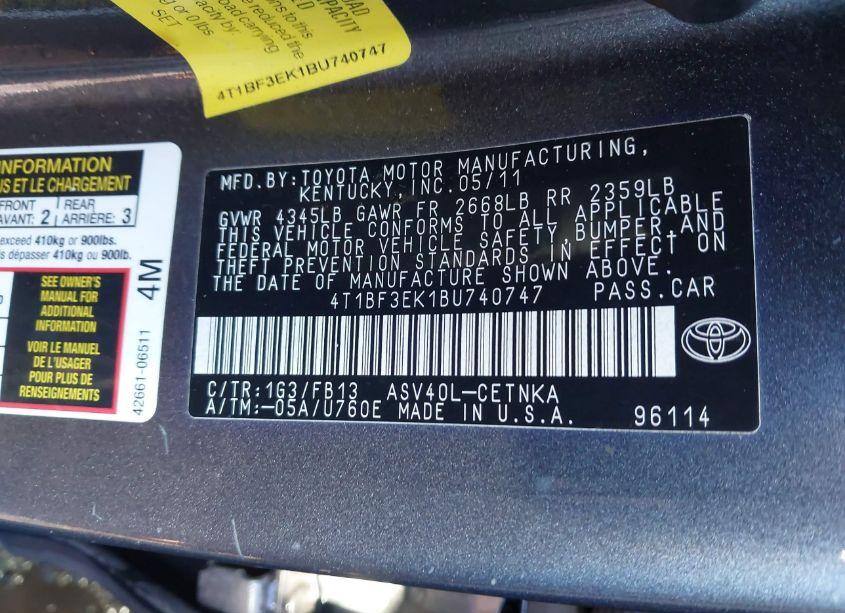 Photo 9 of 2011 Toyota Camry LE (VIN 4T1BF3EK1BU740747)