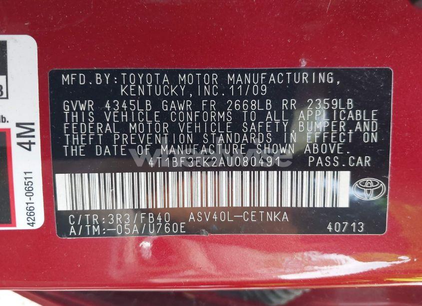 Photo 9 of 2010 Toyota Camry LE (VIN 4T1BF3EK2AU080491)