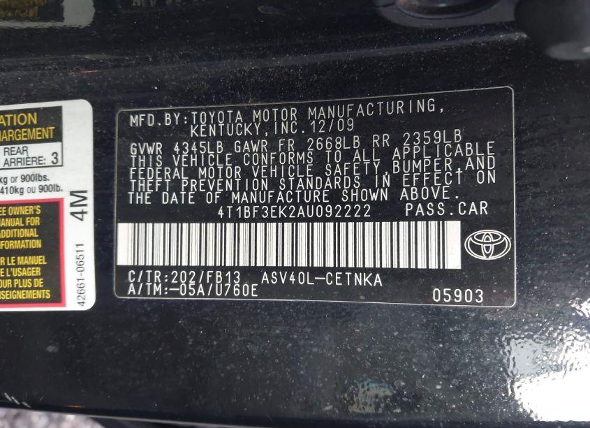 Photo 9 of 2010 Toyota Camry N/A (VIN 4T1BF3EK2AU092222)
