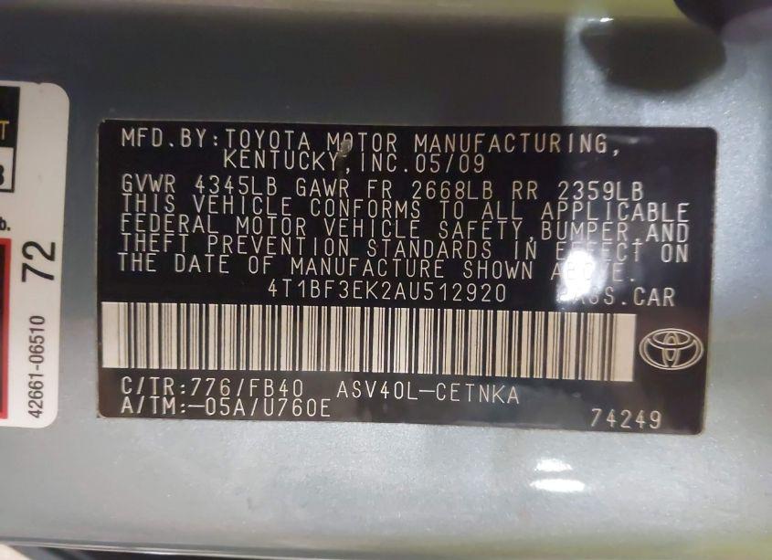 Photo 9 of 2010 Toyota Camry LE (VIN 4T1BF3EK2AU512920)