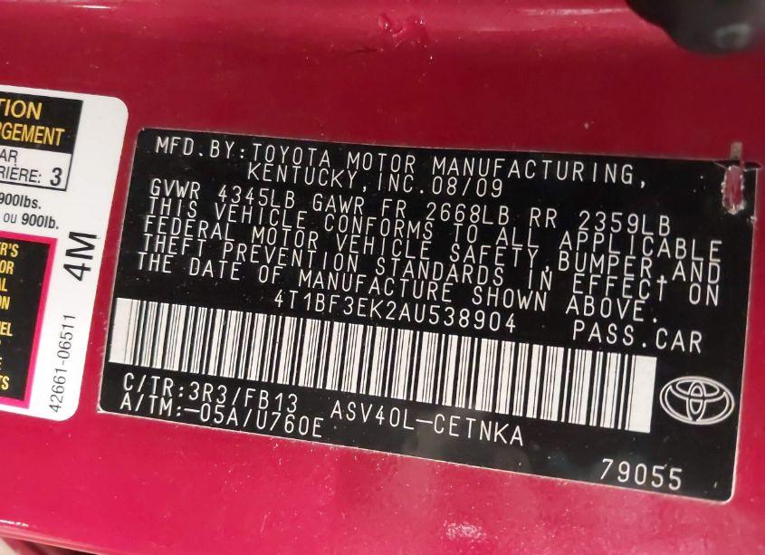 Photo 9 of 2010 Toyota Camry LE (VIN 4T1BF3EK2AU538904)