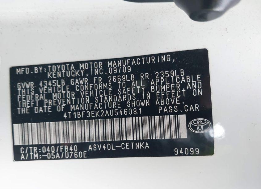 Photo 9 of 2010 Toyota Camry LE (VIN 4T1BF3EK2AU546081)