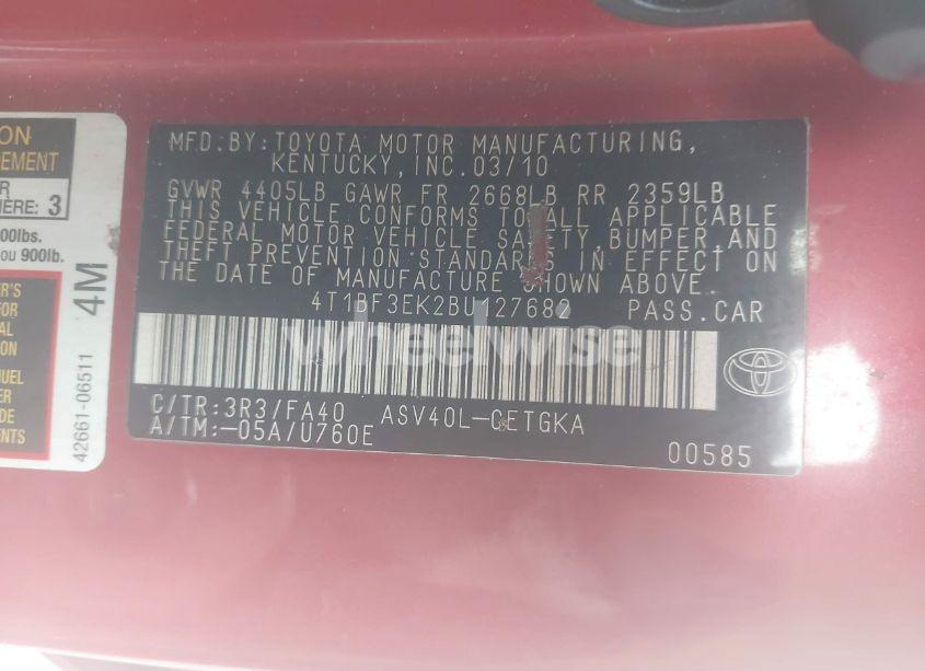 Photo 9 of 2011 Toyota Camry XLE (VIN 4T1BF3EK2BU127682)