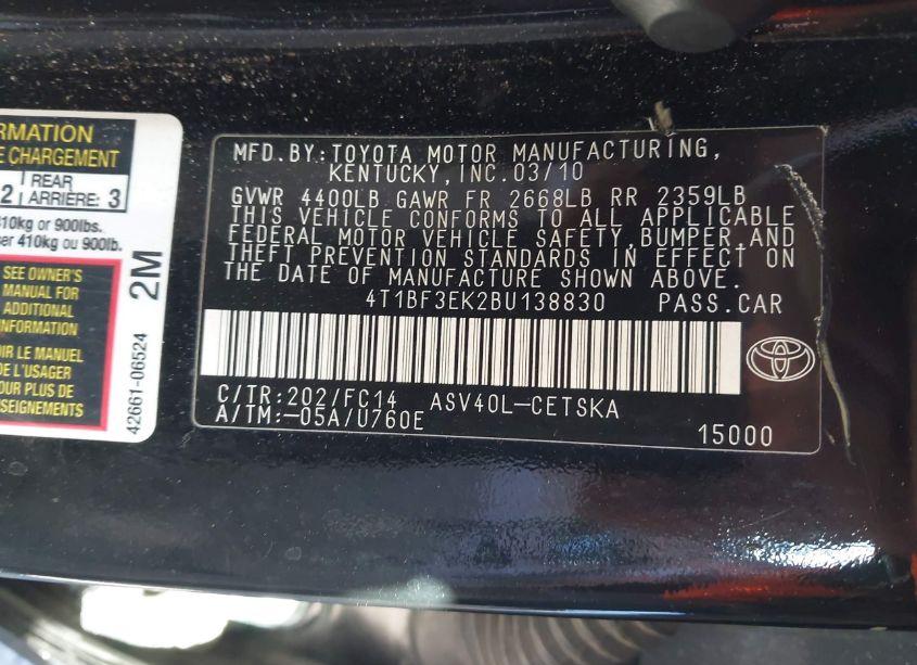 Photo 9 of 2011 Toyota Camry SE (VIN 4T1BF3EK2BU138830)