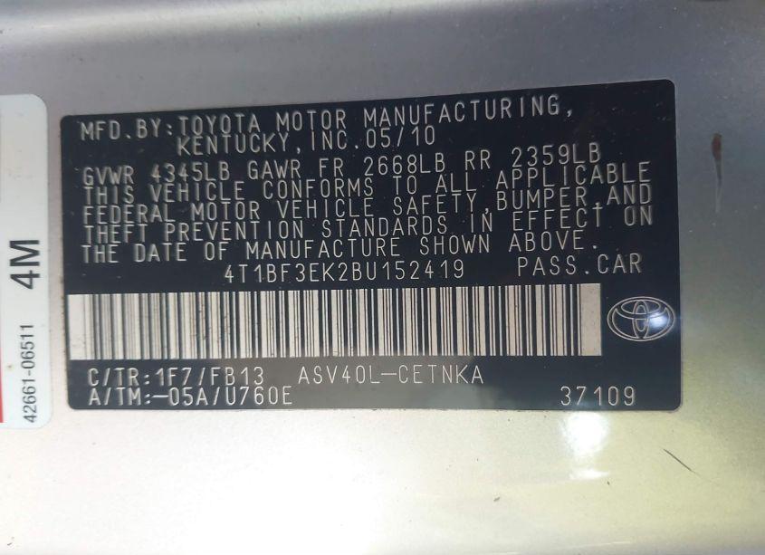 Photo 9 of 2011 Toyota Camry LE (VIN 4T1BF3EK2BU152419)
