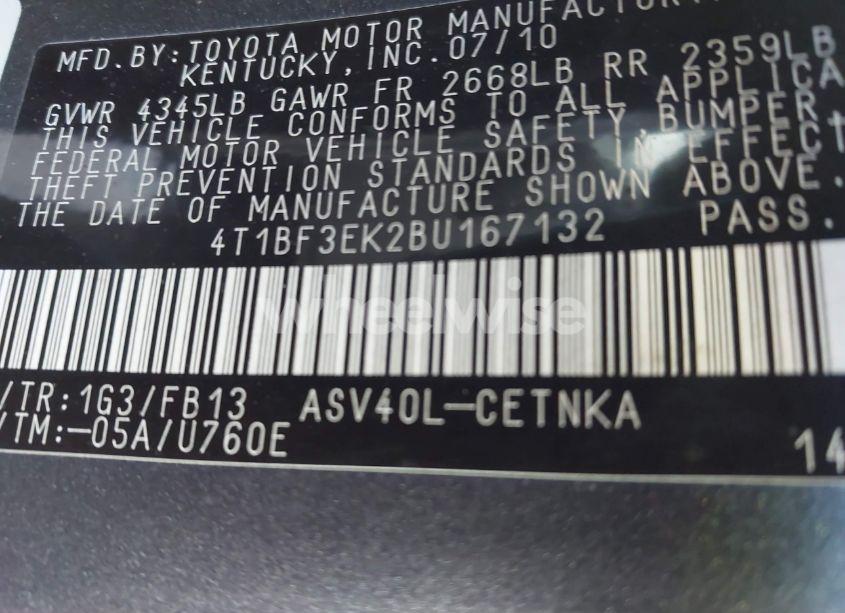 Photo 9 of 2011 Toyota Camry LE (VIN 4T1BF3EK2BU167132)