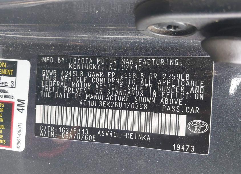 Photo 9 of 2011 Toyota Camry LE (VIN 4T1BF3EK2BU170368)