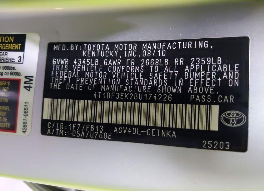 Photo 9 of 2011 Toyota Camry LE (VIN 4T1BF3EK2BU174226)