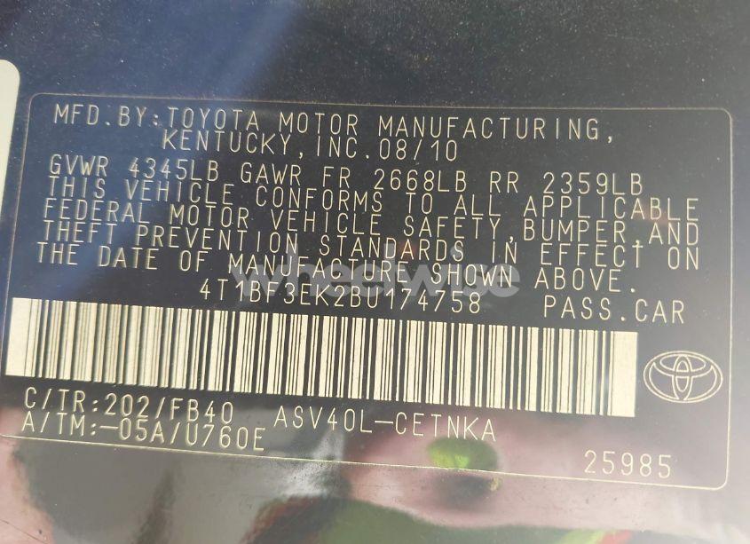 Photo 9 of 2011 Toyota Camry LE (VIN 4T1BF3EK2BU174758)