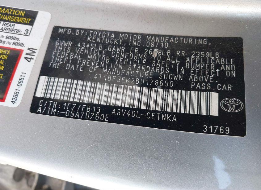 Photo 9 of 2011 Toyota Camry LE (VIN 4T1BF3EK2BU178650)