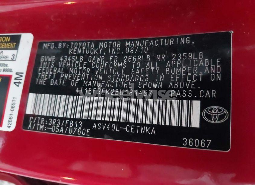 Photo 9 of 2011 Toyota Camry LE (VIN 4T1BF3EK2BU181497)