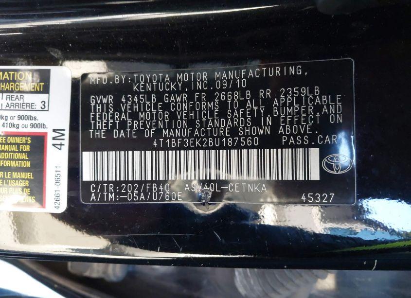 Photo 9 of 2011 Toyota Camry LE (VIN 4T1BF3EK2BU187560)