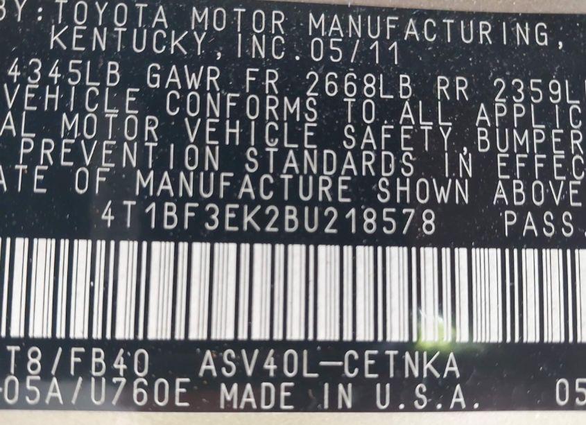 Photo 9 of 2011 Toyota Camry LE (VIN 4T1BF3EK2BU218578)